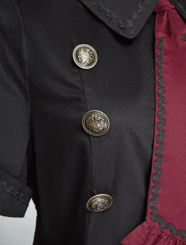Gothic Lolita Dress OP Military Style Ruffle Bowtie Button Lace Up Burgundy Lolita One Piece Dress