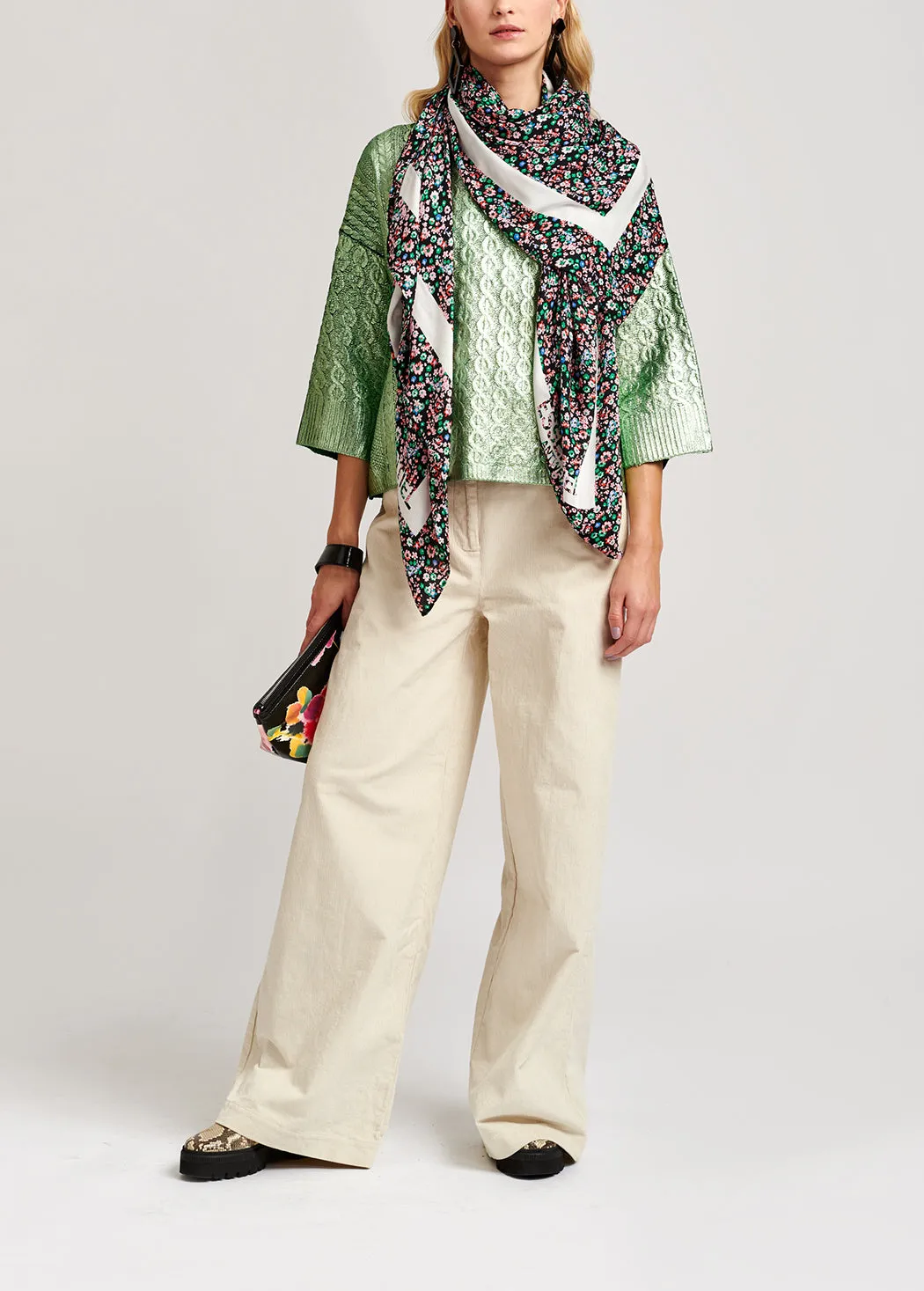 Green metallic cable-knit sweater