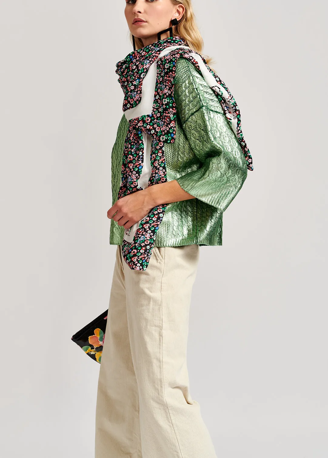 Green metallic cable-knit sweater