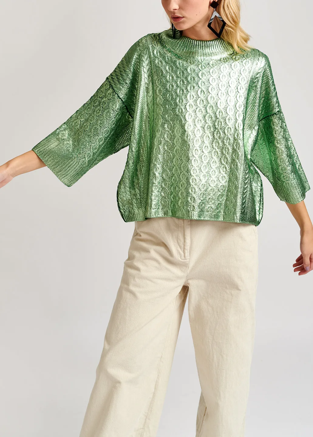 Green metallic cable-knit sweater
