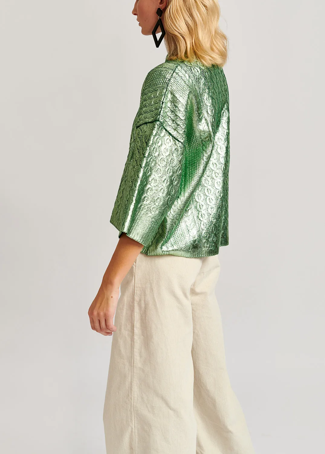Green metallic cable-knit sweater