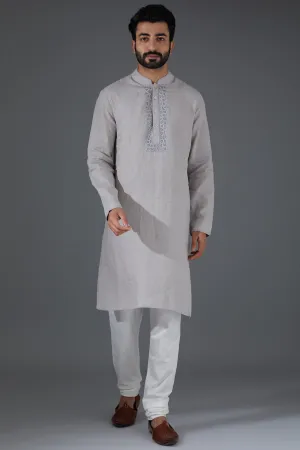 Grey Linen Embroidered Kurta