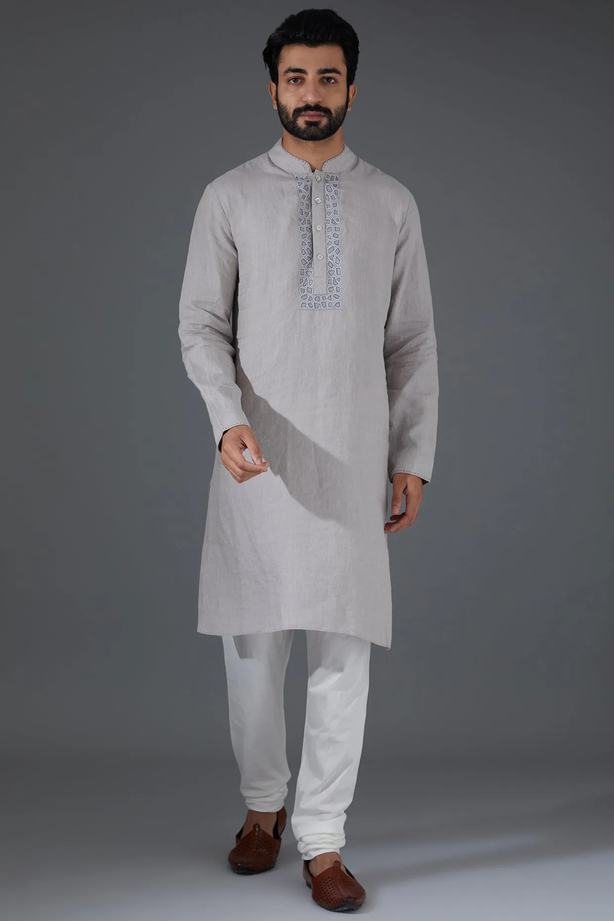 Grey Linen Embroidered Kurta