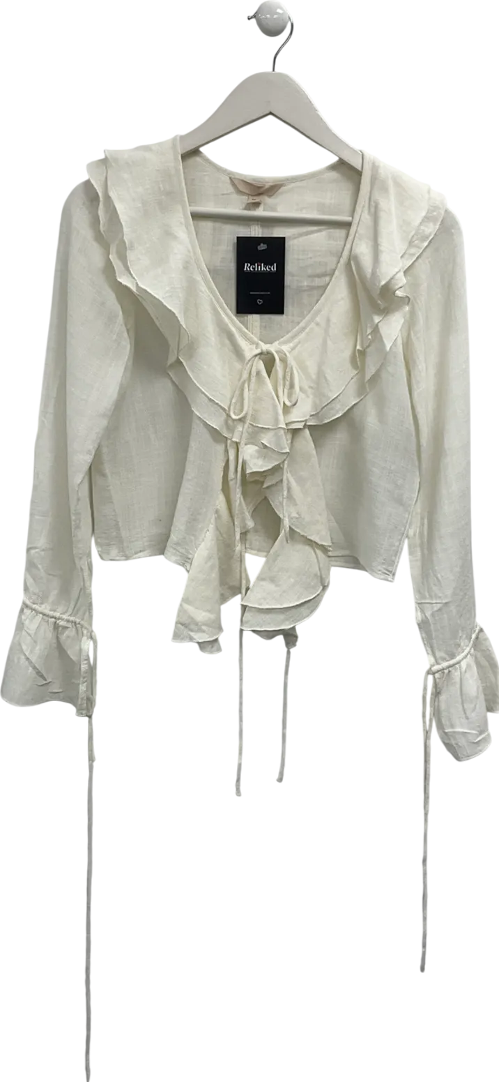 H&M Cream Cotton Blend Ruffle Tie Front Top UK XS