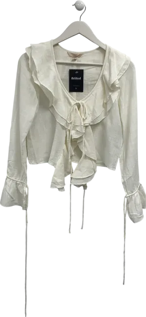 H&M Cream Cotton Blend Ruffle Tie Front Top UK XS