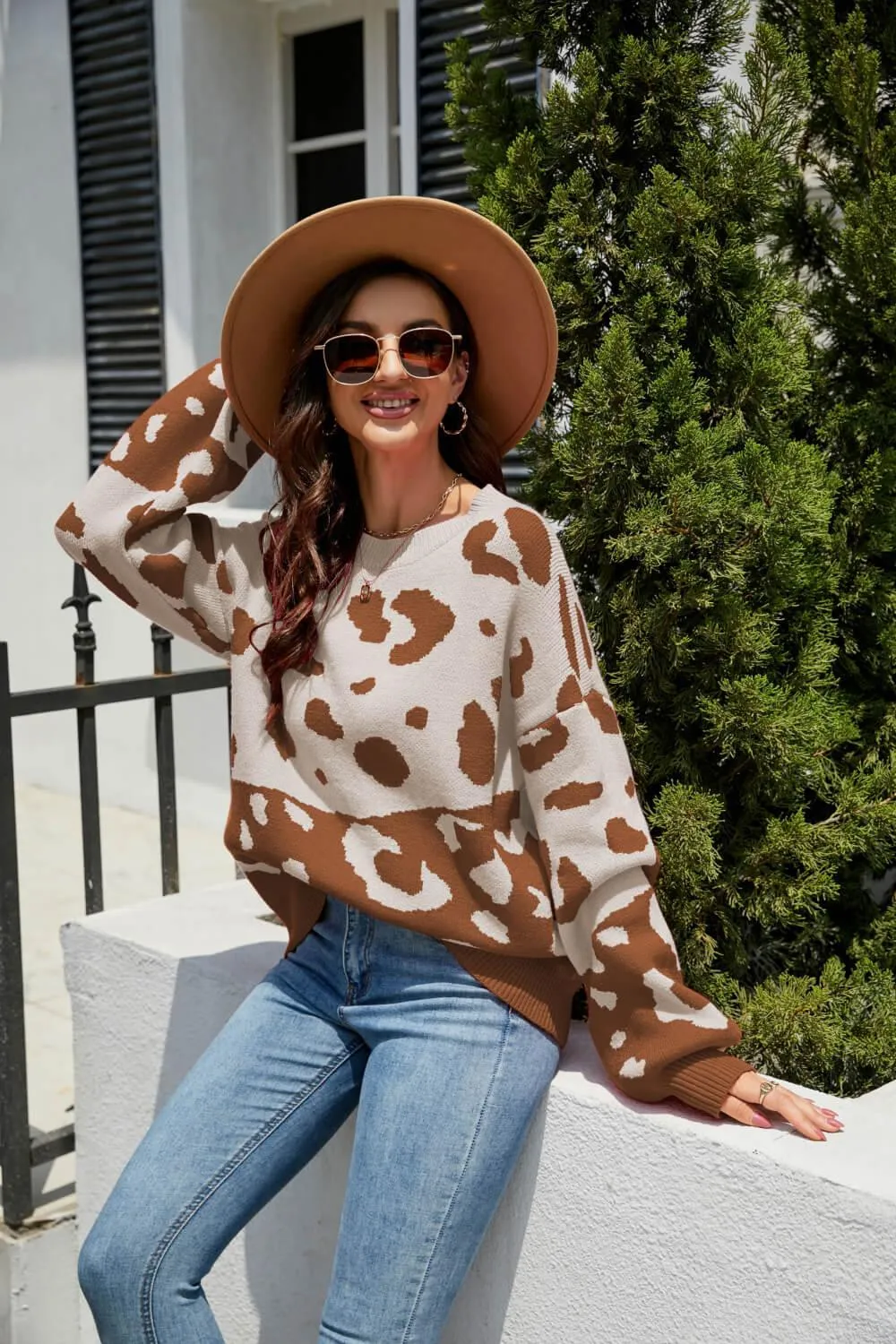 Hazel Blues® | Leopard Ribbed Trim Dropped Shoulder Sweater