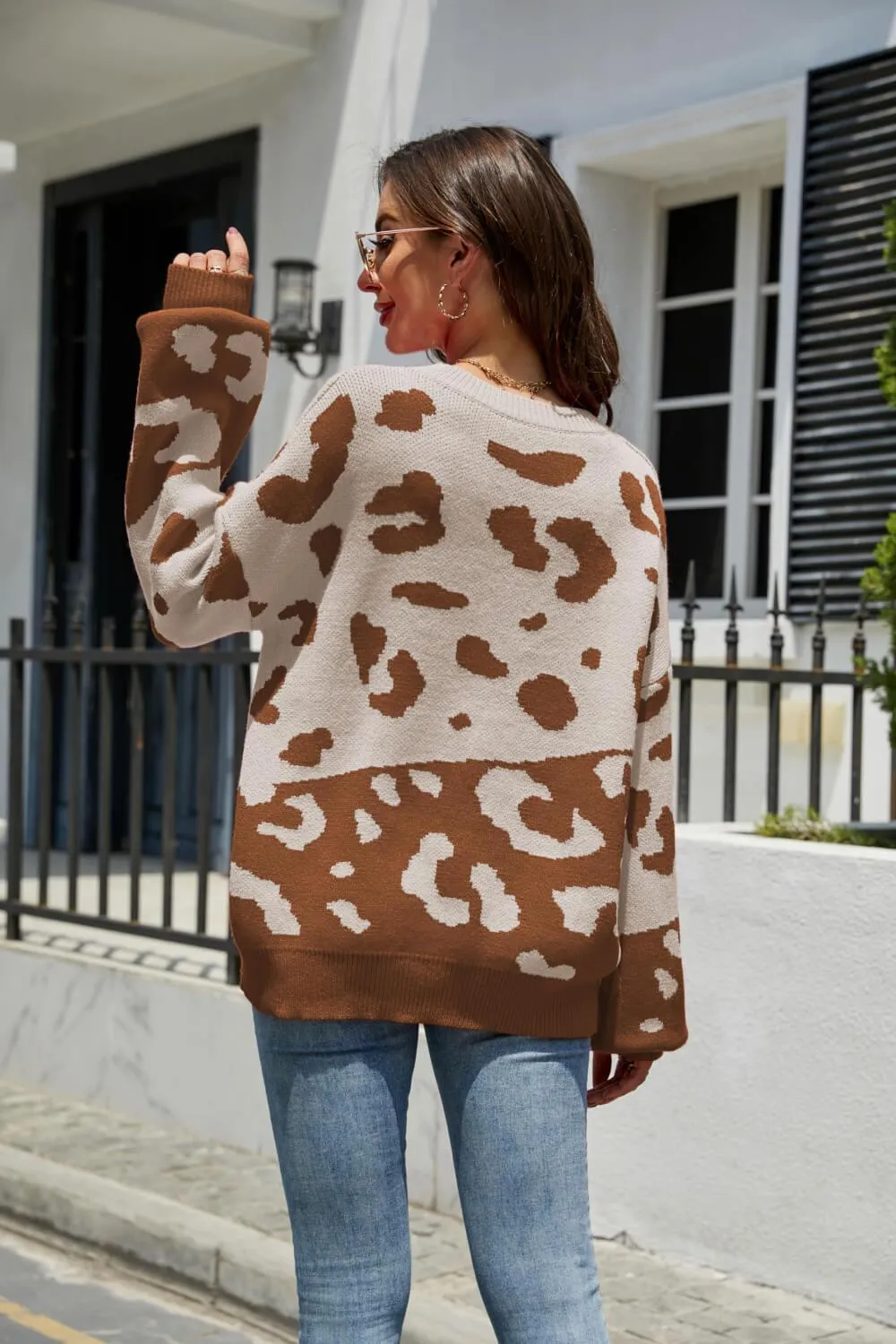 Hazel Blues® | Leopard Ribbed Trim Dropped Shoulder Sweater