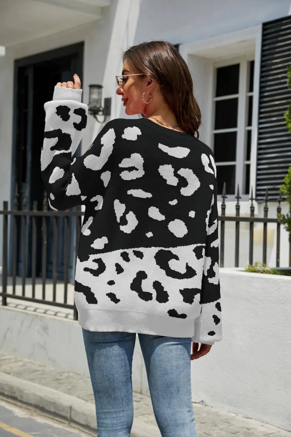Hazel Blues® | Leopard Ribbed Trim Dropped Shoulder Sweater