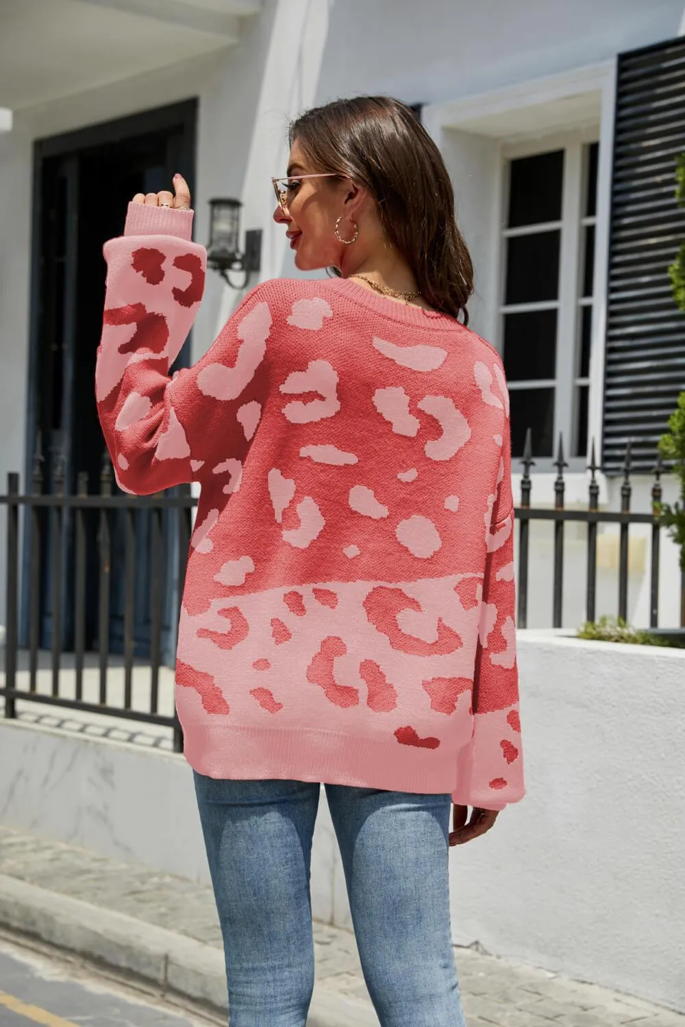 Hazel Blues® | Leopard Ribbed Trim Dropped Shoulder Sweater