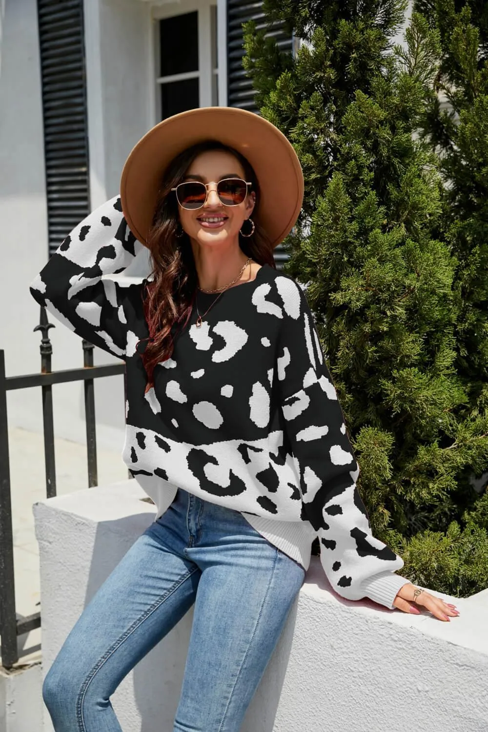 Hazel Blues® | Leopard Ribbed Trim Dropped Shoulder Sweater