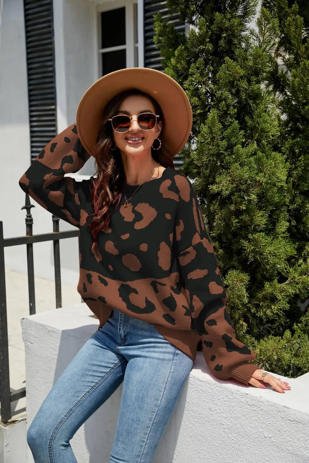 Hazel Blues® | Leopard Ribbed Trim Dropped Shoulder Sweater