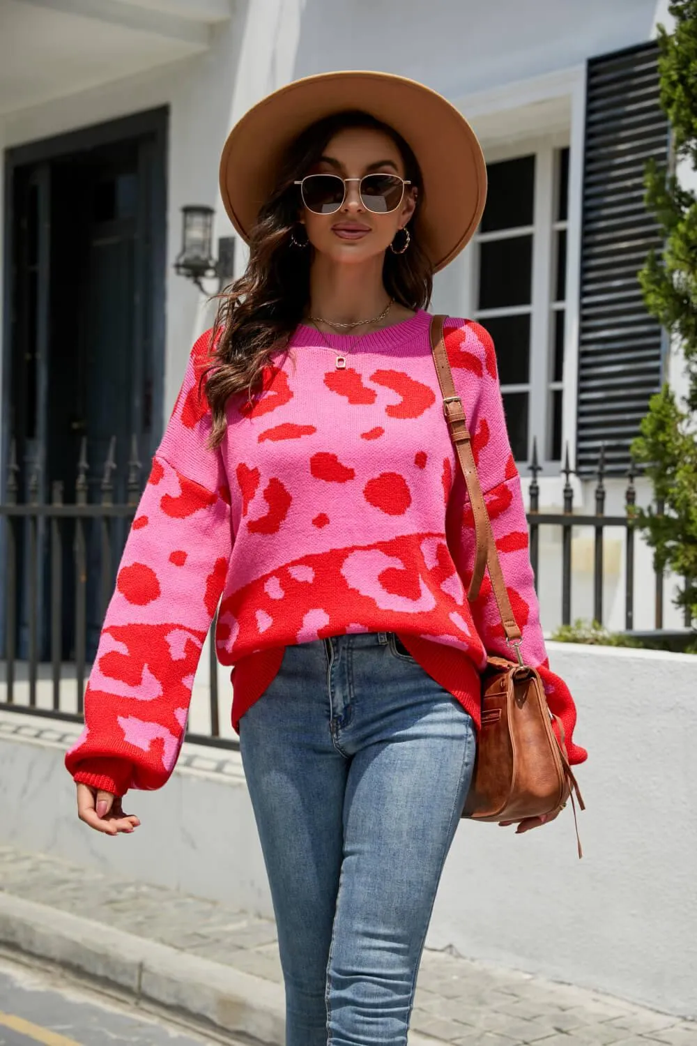 Hazel Blues® | Leopard Ribbed Trim Dropped Shoulder Sweater