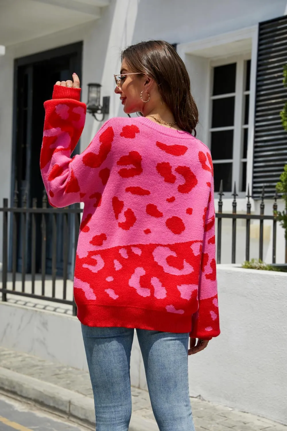 Hazel Blues® | Leopard Ribbed Trim Dropped Shoulder Sweater