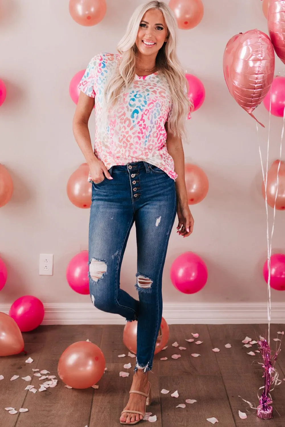 Hazel Blues® |  Leopard V-Neck Short Sleeve Tee Shirt