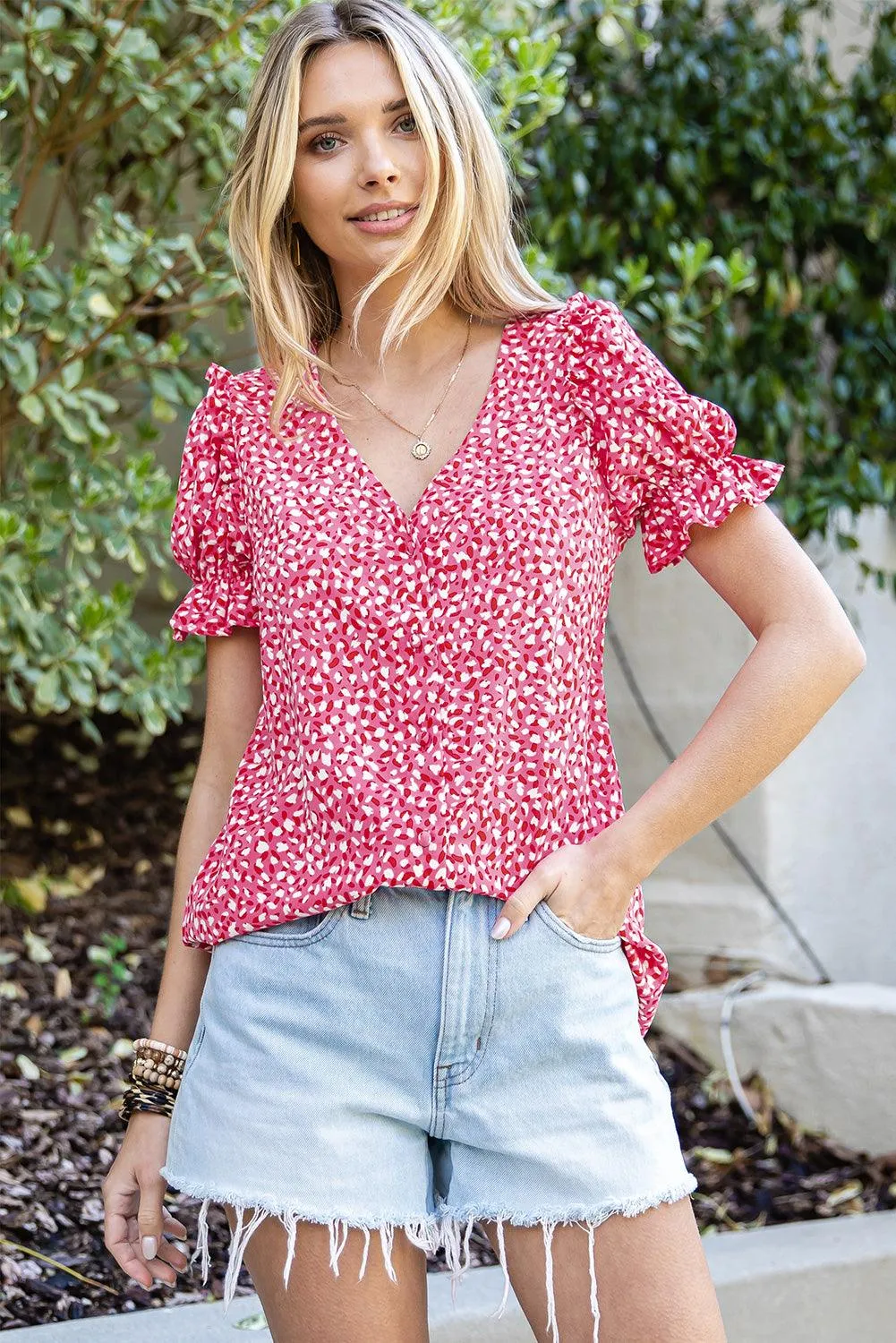 Hazel Blues® |  Printed Flounce Sleeve Plunge Blouse