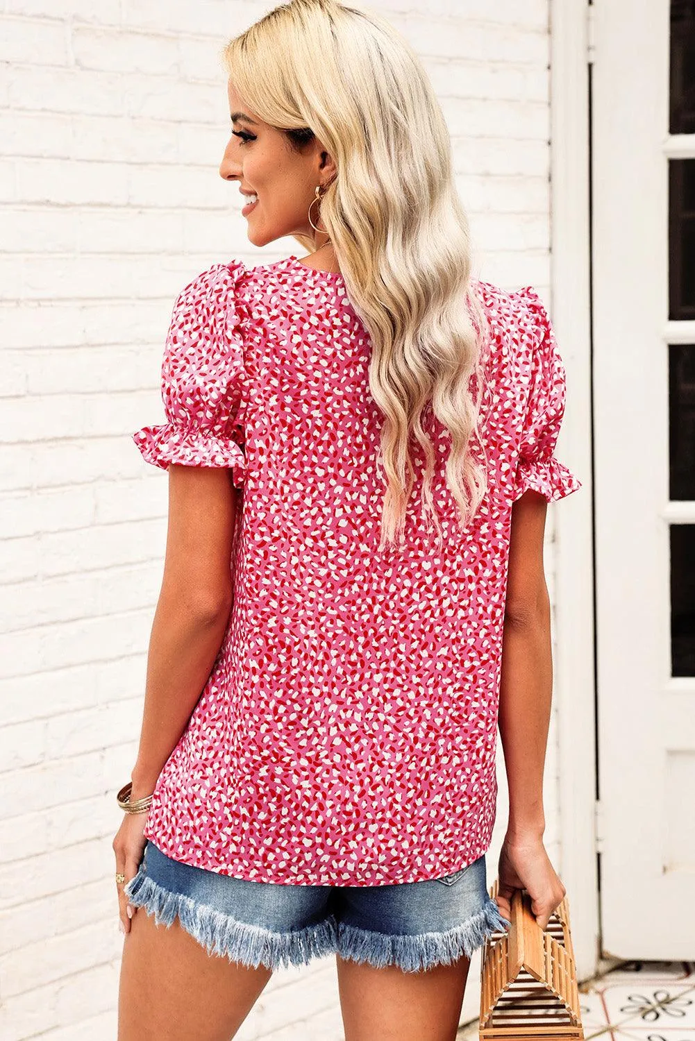 Hazel Blues® |  Printed Flounce Sleeve Plunge Blouse