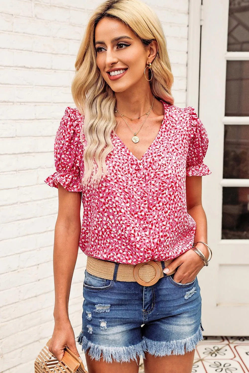 Hazel Blues® |  Printed Flounce Sleeve Plunge Blouse