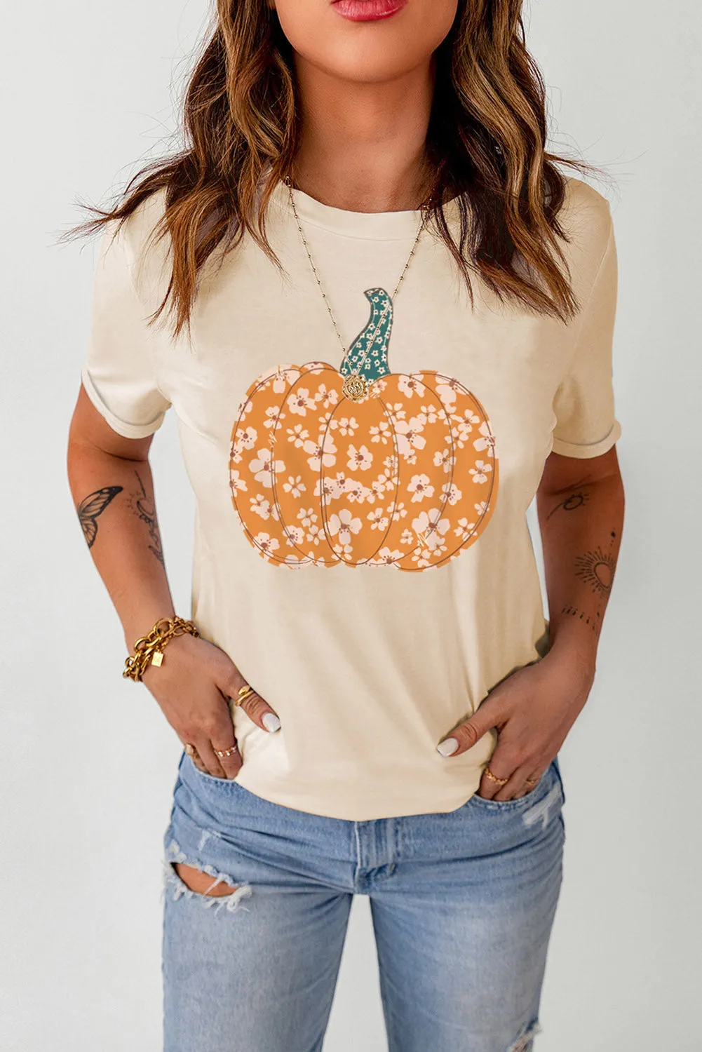 Hazel Blues® |  Pumpkin Graphic Round Neck Cuffed T-Shirt