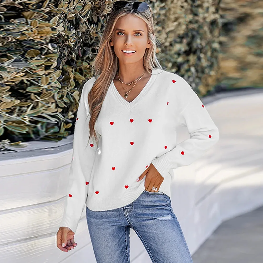Heart Embroidered V-Neck Sweater