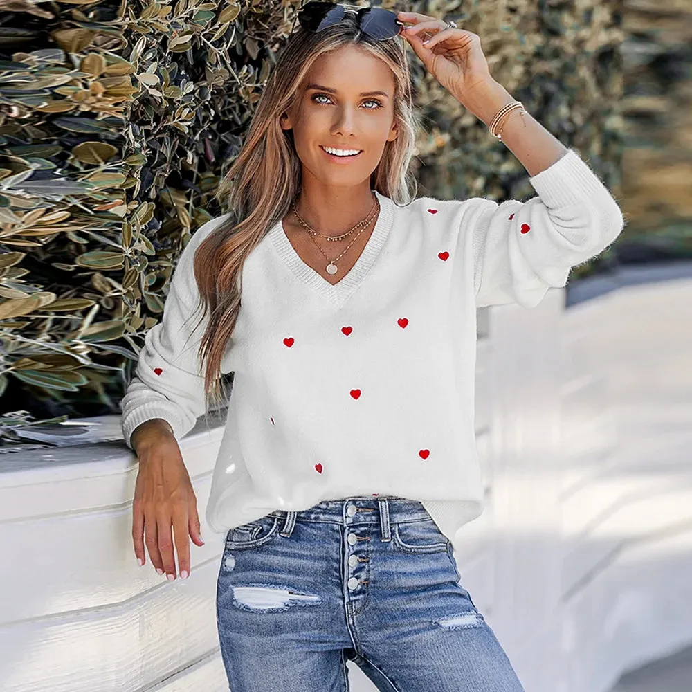 Heart Embroidered V-Neck Sweater