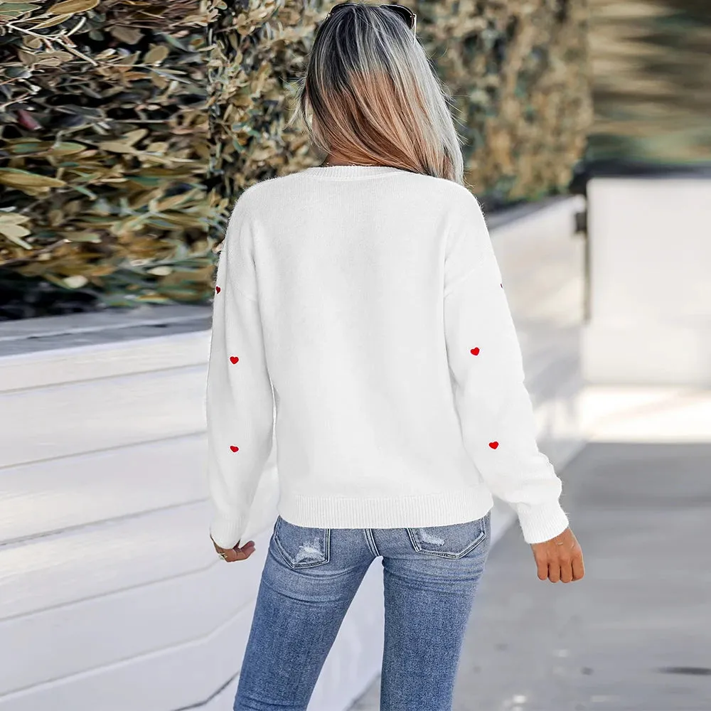 Heart Embroidered V-Neck Sweater