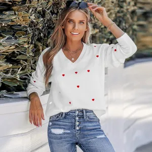 Heart Embroidered V-Neck Sweater