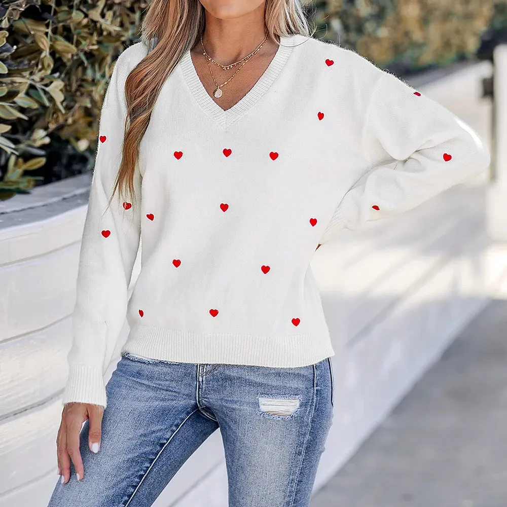 Heart Embroidered V-Neck Sweater