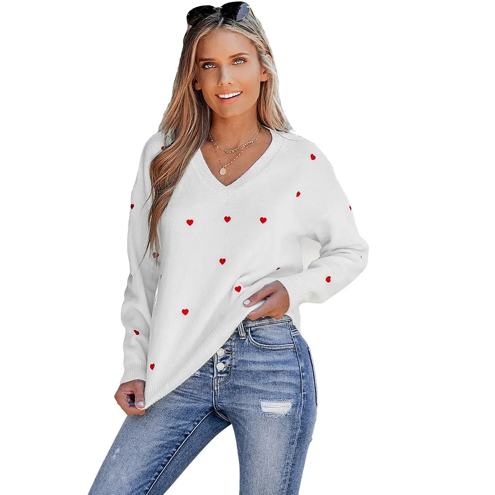 Heart Embroidered V-Neck Sweater