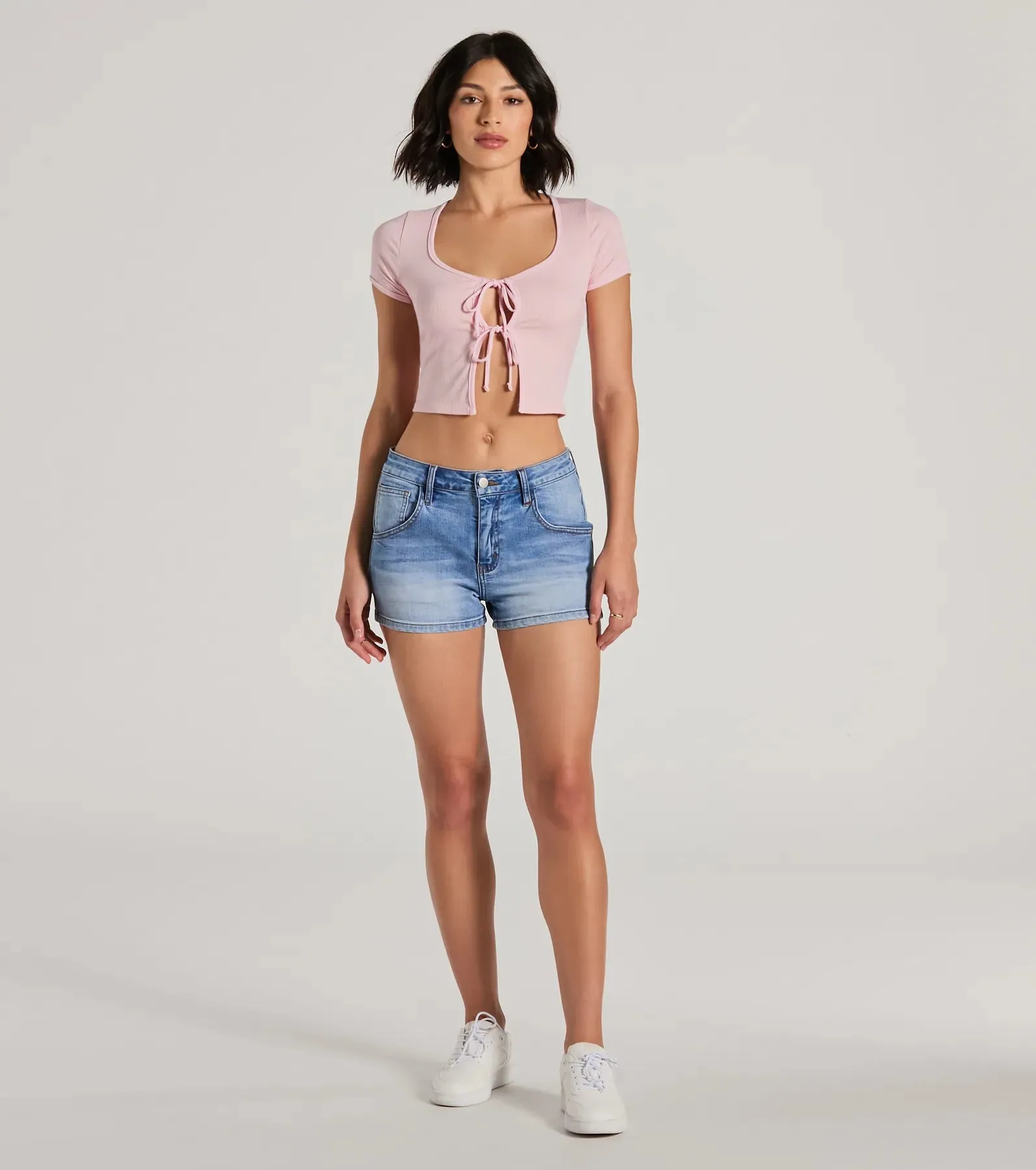 Here To Stay Short Sleeve Tie Front Crop Top
