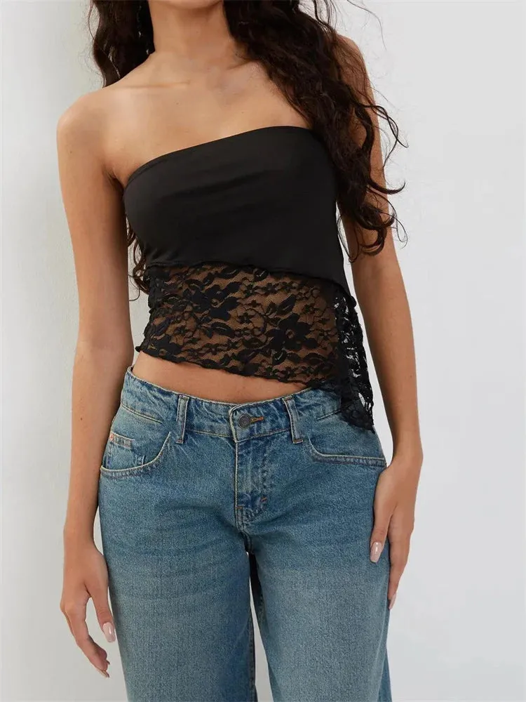 JazzHer 2024 Floral Patchwork Tube Top Party Clubwear Cropped Strapless Off Shoulder Irregular Hem Vest Crop Tops