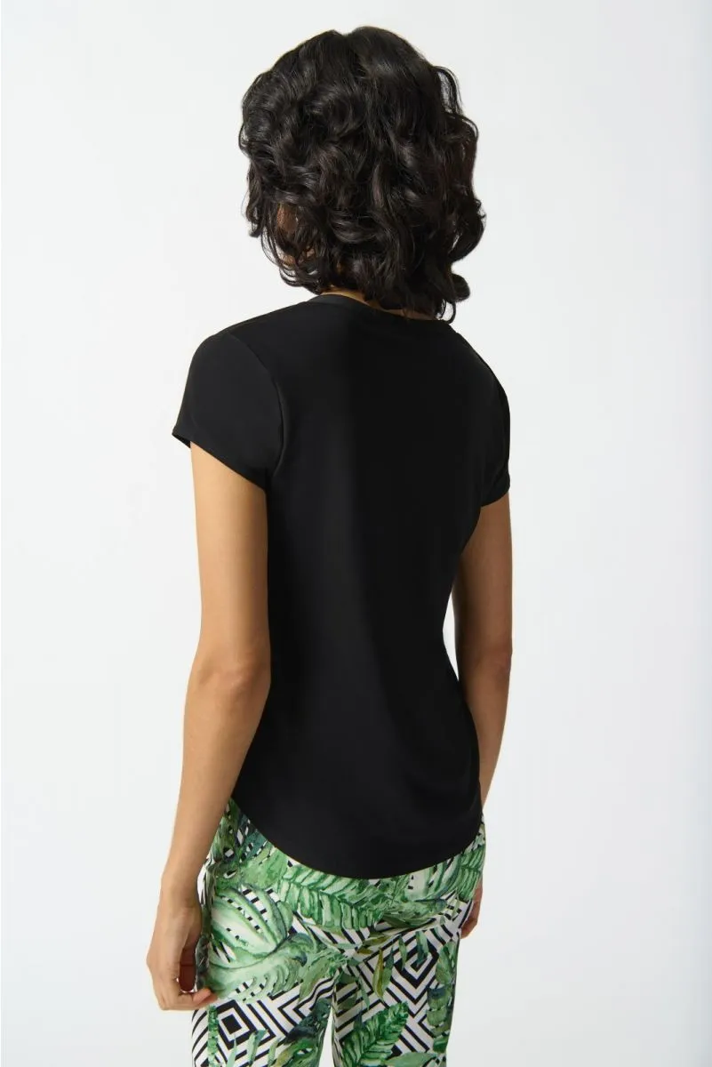 Joseph Ribkoff Black Metal Shoulder Ornament Short Sleeve T-Shirt 242217