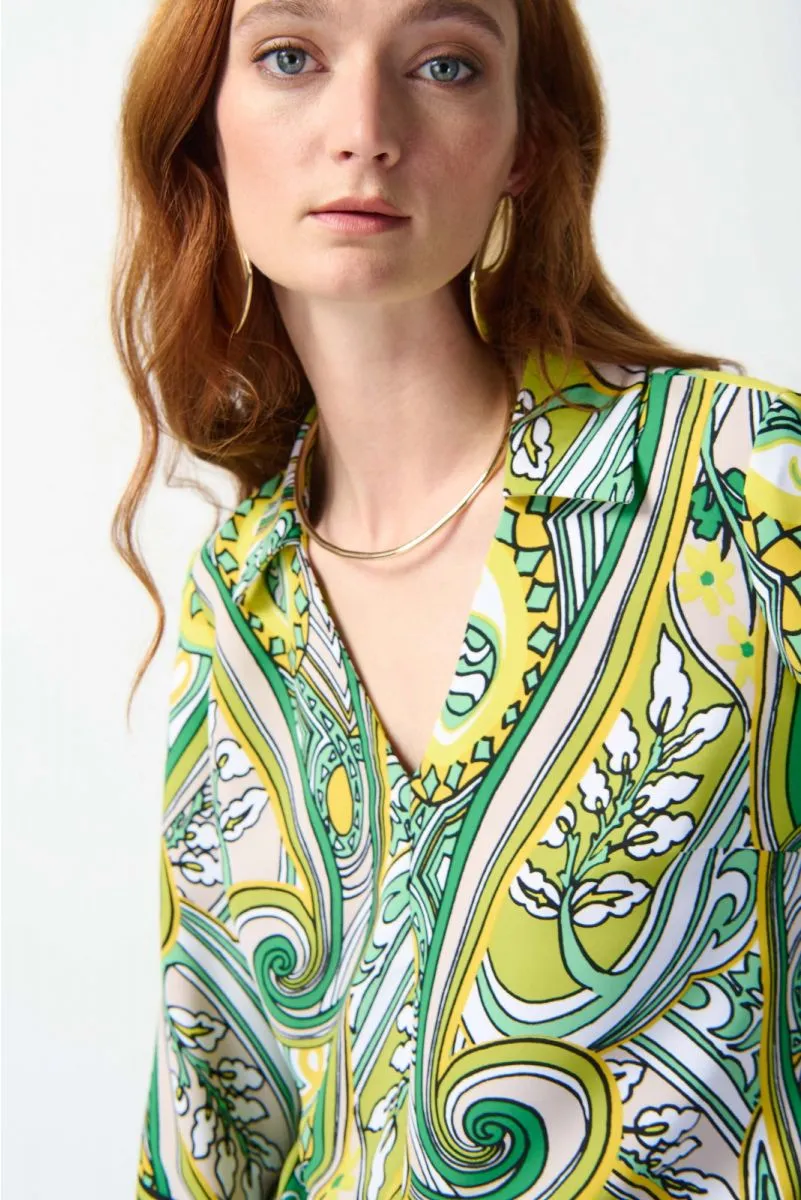 Joseph Ribkoff Vanilla/Multi Paisley Print Front Tie Cropped Top 242009