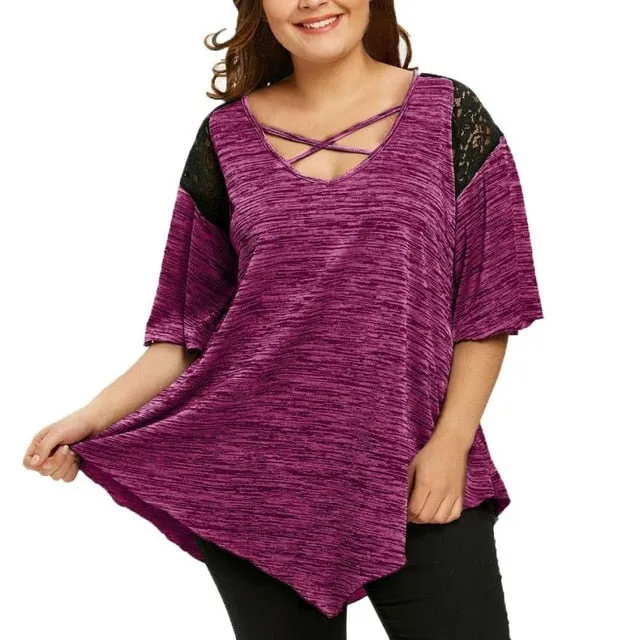 KANCOOLD tops high quality Fashion Plus Size Flare Sleeve Top Asymmetrical Tunic Lace t-Shirt summer tops for women 2018MA7