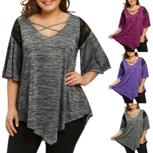 KANCOOLD tops high quality Fashion Plus Size Flare Sleeve Top Asymmetrical Tunic Lace t-Shirt summer tops for women 2018MA7