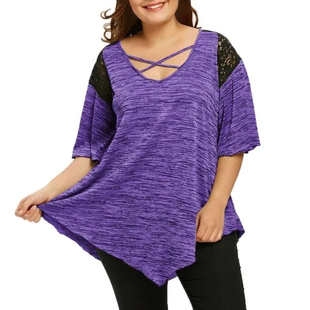KANCOOLD tops high quality Fashion Plus Size Flare Sleeve Top Asymmetrical Tunic Lace t-Shirt summer tops for women 2018MA7