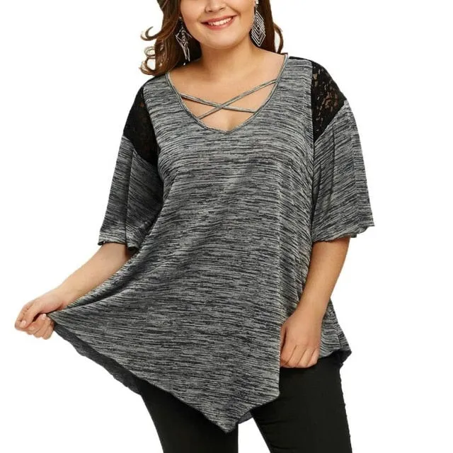 KANCOOLD tops high quality Fashion Plus Size Flare Sleeve Top Asymmetrical Tunic Lace t-Shirt summer tops for women 2018MA7