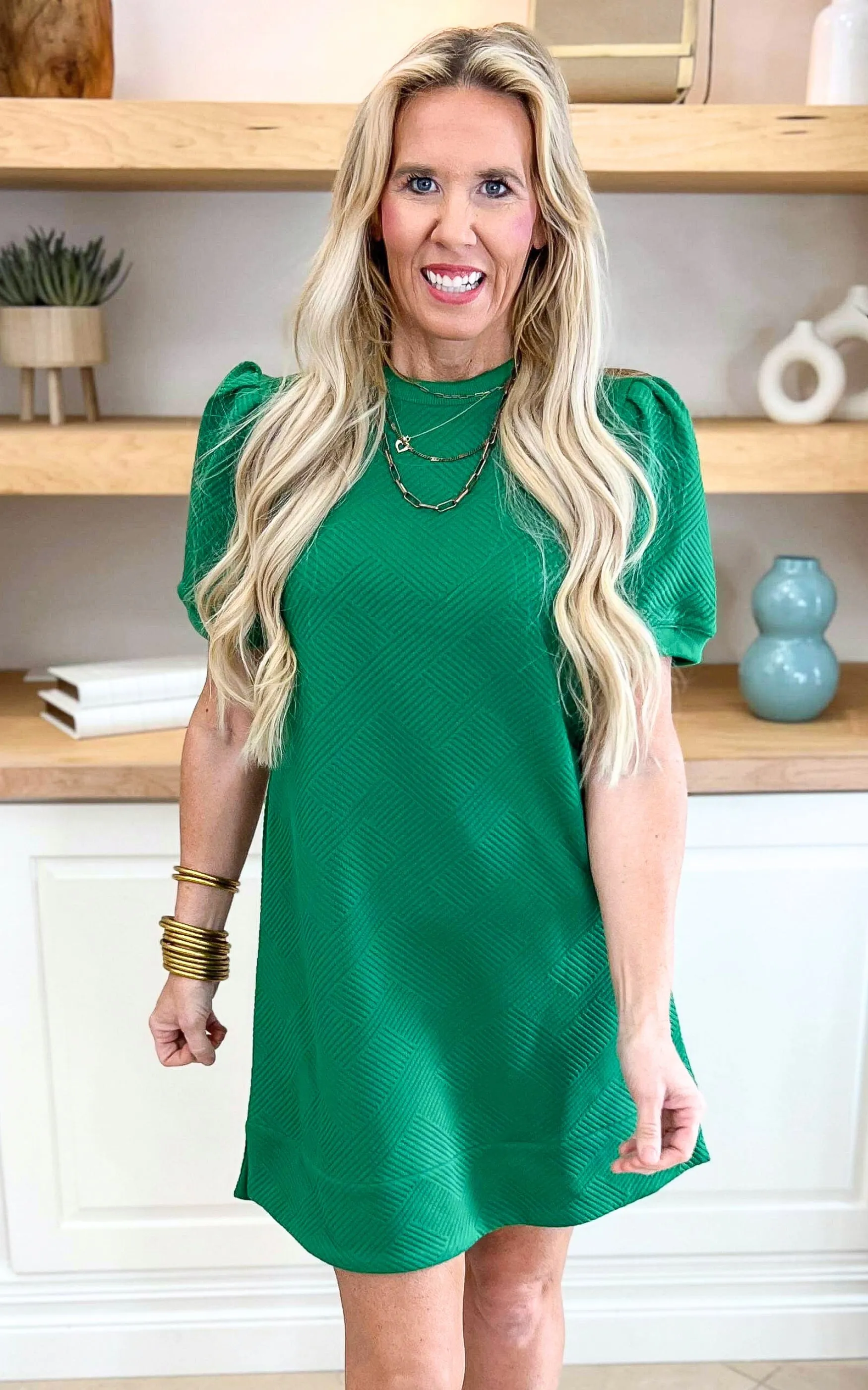 Kelly Green Textured Dress with Pockets
