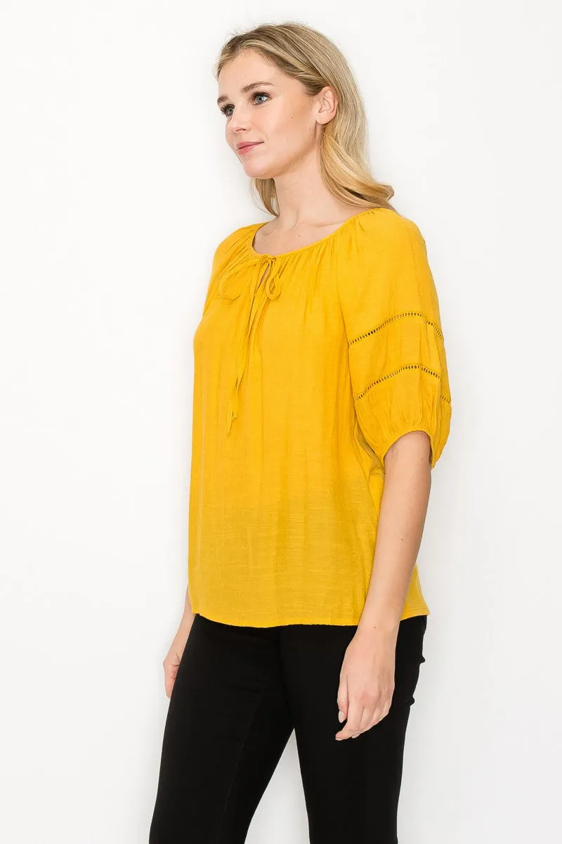 Keyhole Tie Neck Lattice Trim Short Sleeve Peasant Top