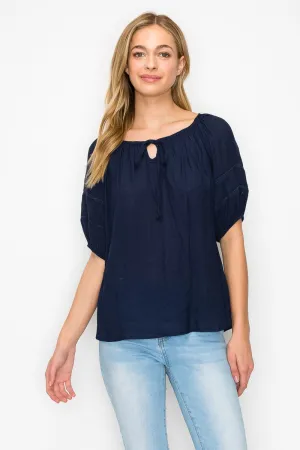 Keyhole Tie Neck Lattice Trim Short Sleeve Peasant Top