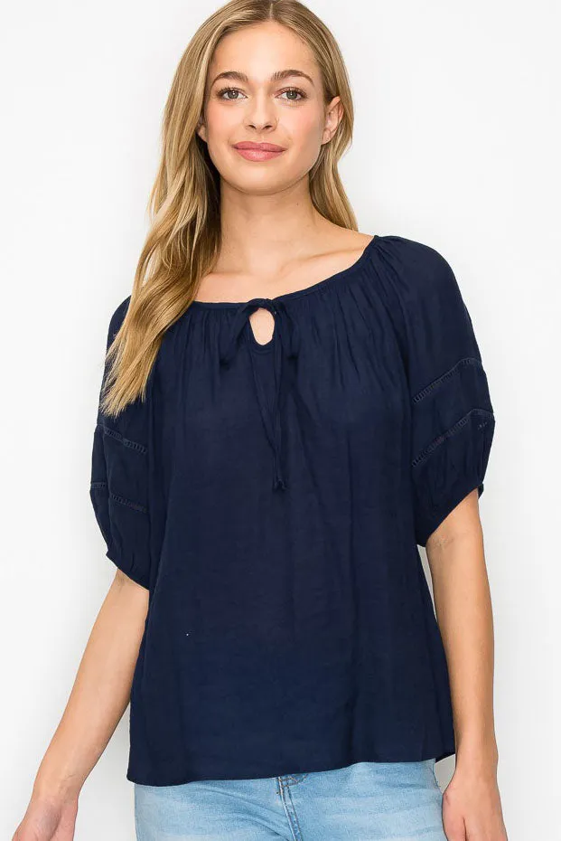 Keyhole Tie Neck Lattice Trim Short Sleeve Peasant Top