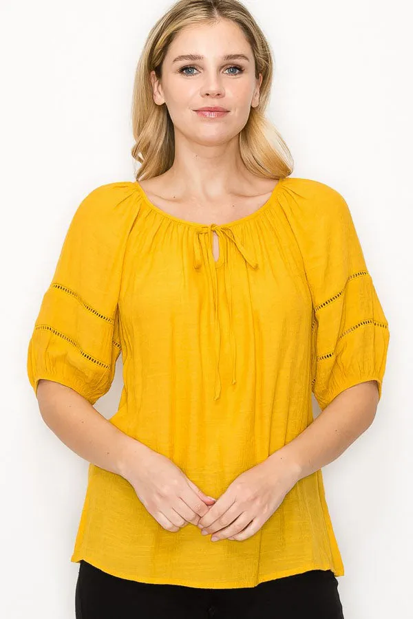 Keyhole Tie Neck Lattice Trim Short Sleeve Peasant Top