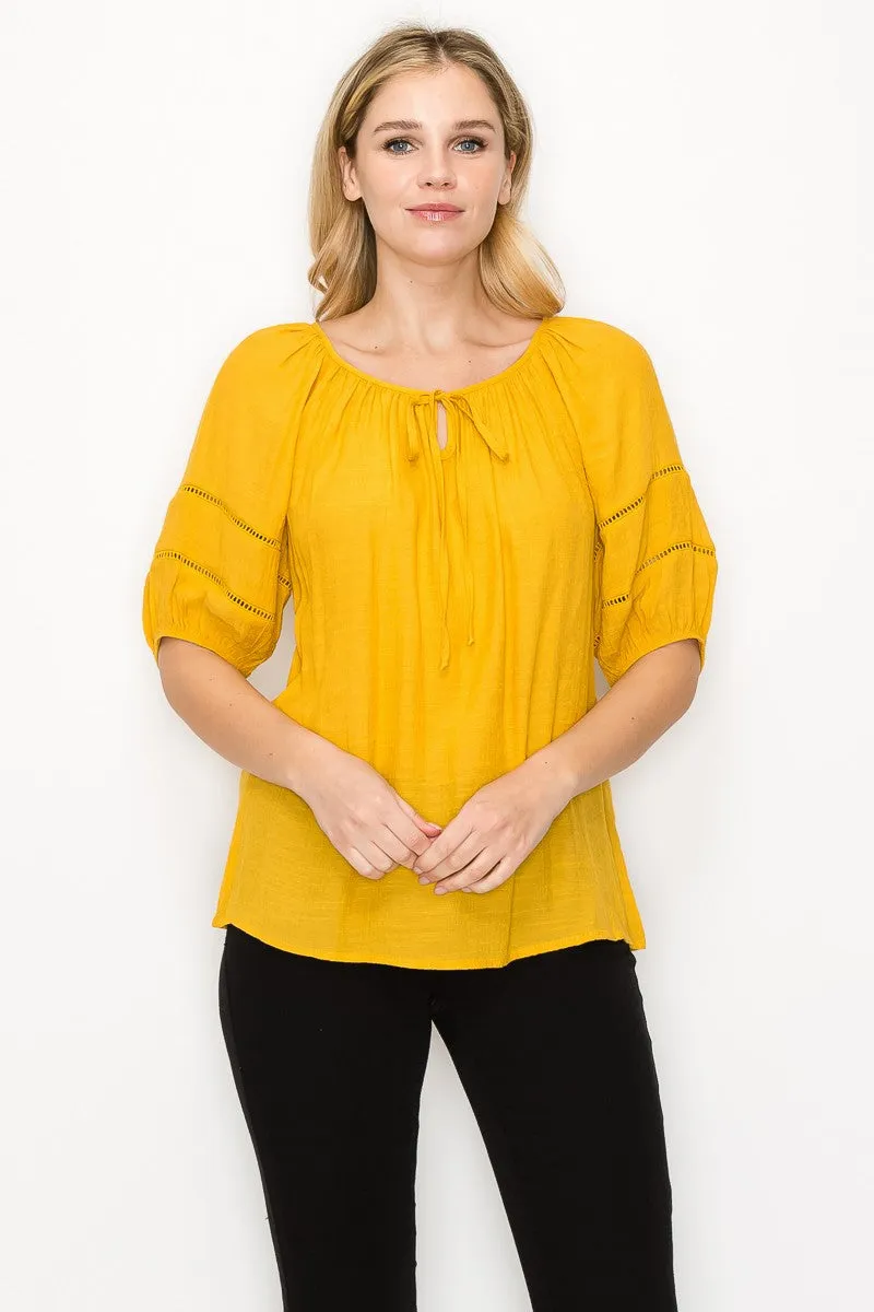 Keyhole Tie Neck Lattice Trim Short Sleeve Peasant Top
