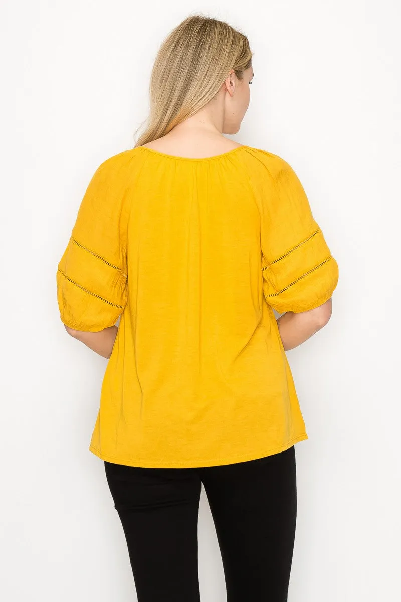 Keyhole Tie Neck Lattice Trim Short Sleeve Peasant Top