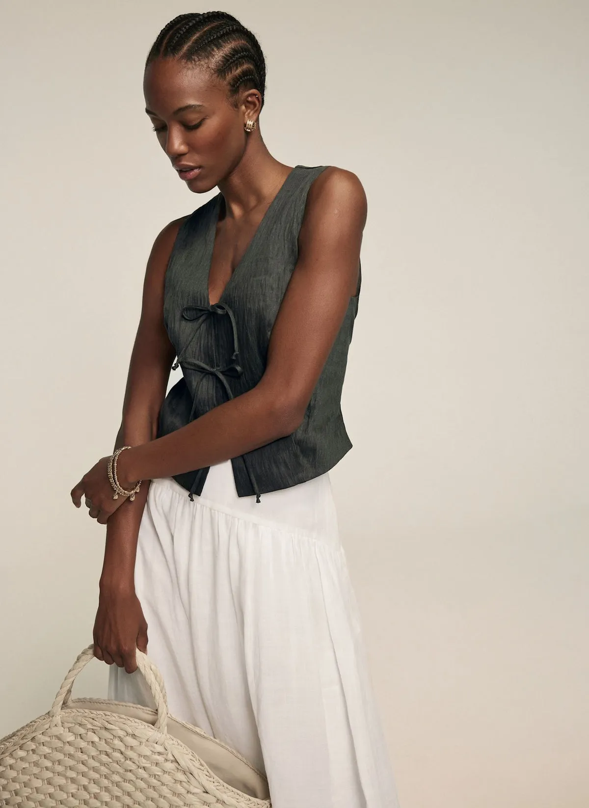 Khaki Linen Tie Front Waistcoat