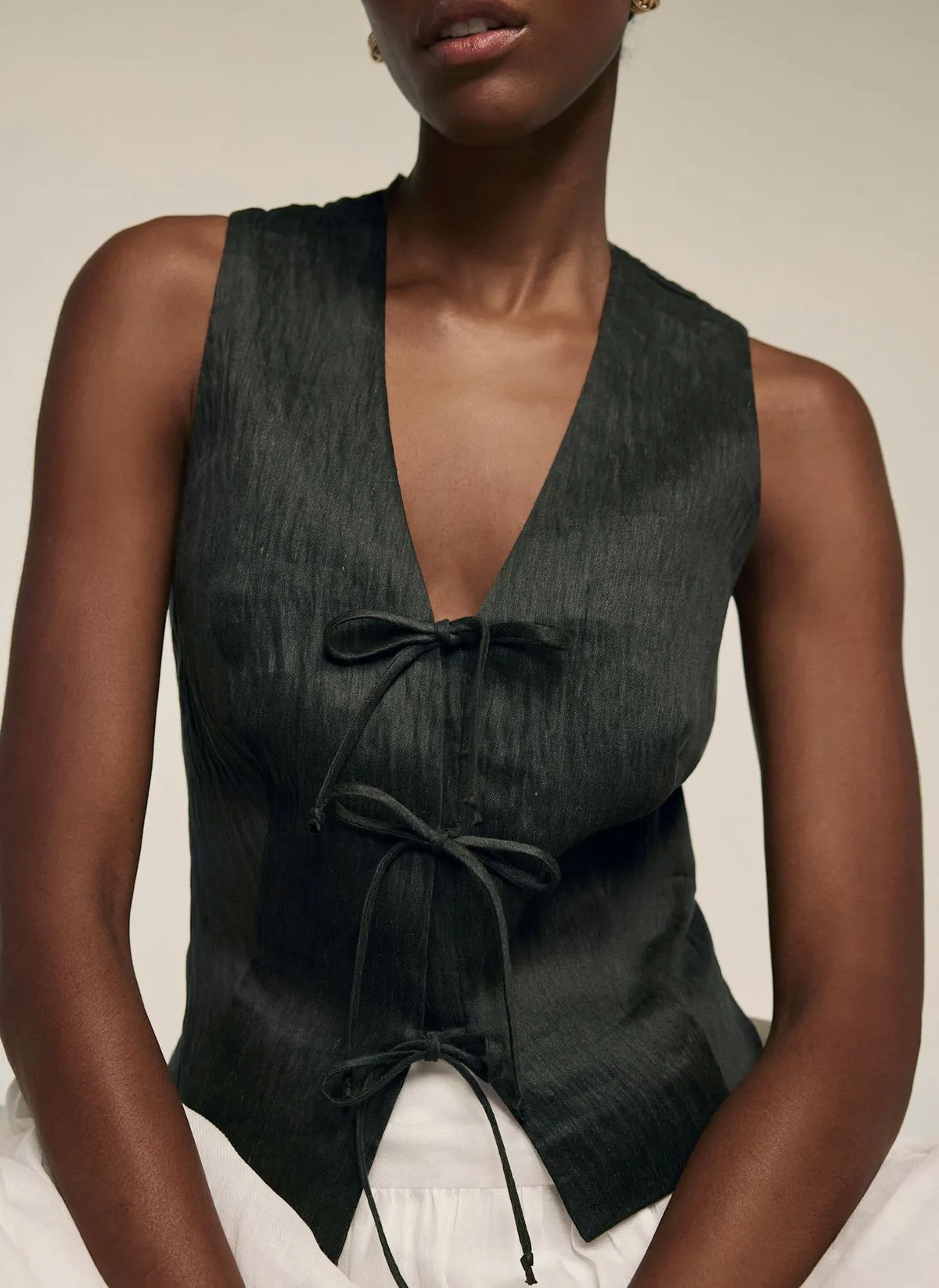 Khaki Linen Tie Front Waistcoat