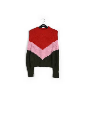 Khaki, pink and red v-panel knitted sweater