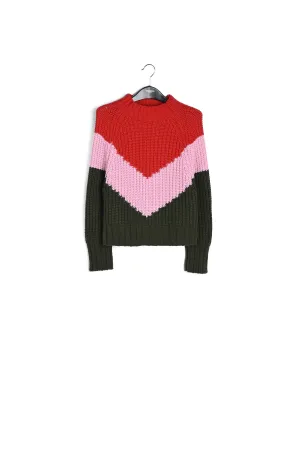 Khaki, pink and red v-panel knitted sweater