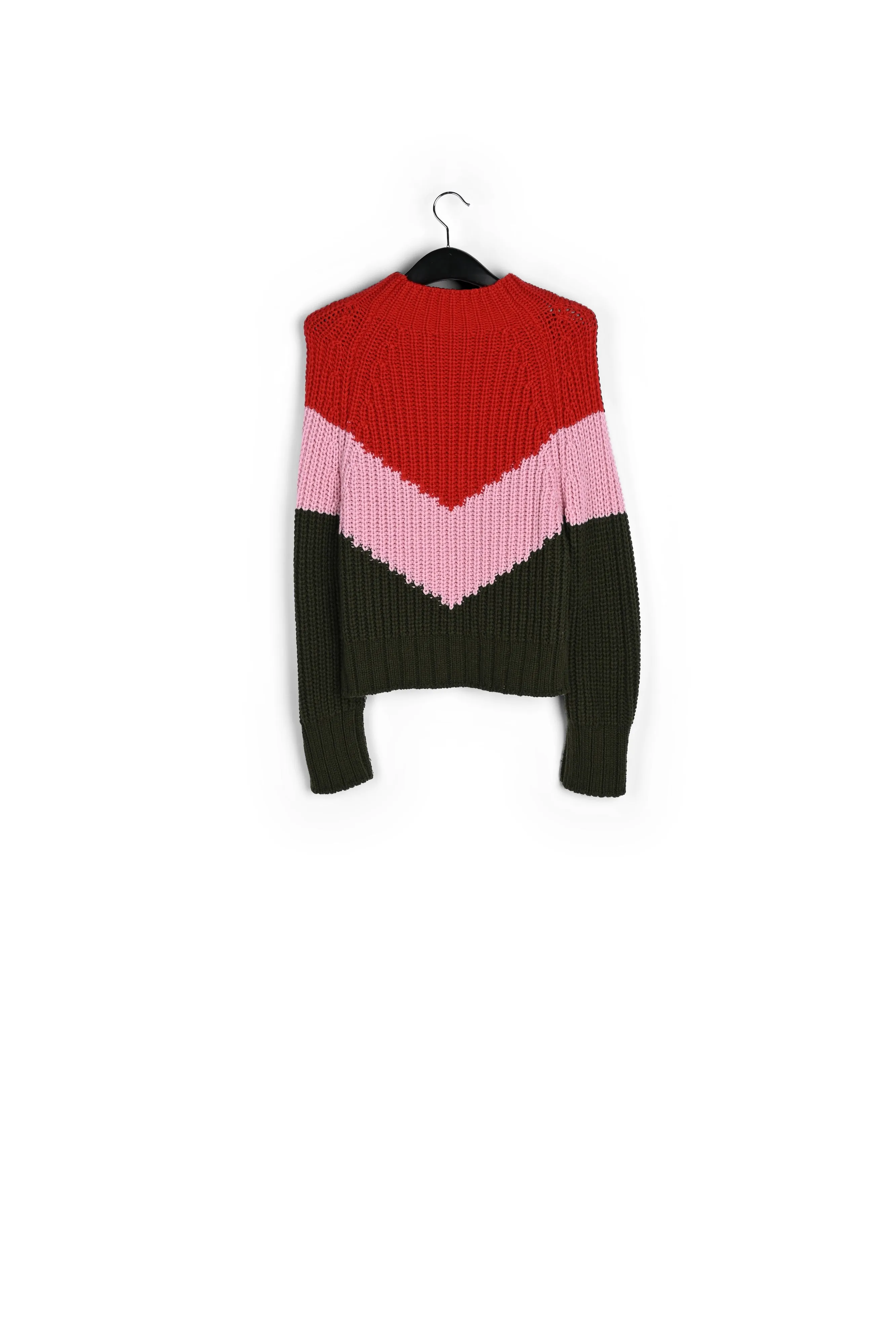 Khaki, pink and red v-panel knitted sweater