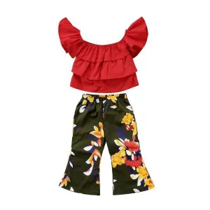Kids Girls Off Shoulder Tops Floral Pants