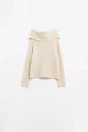 knitted fluffy boat neck sweater in cream
